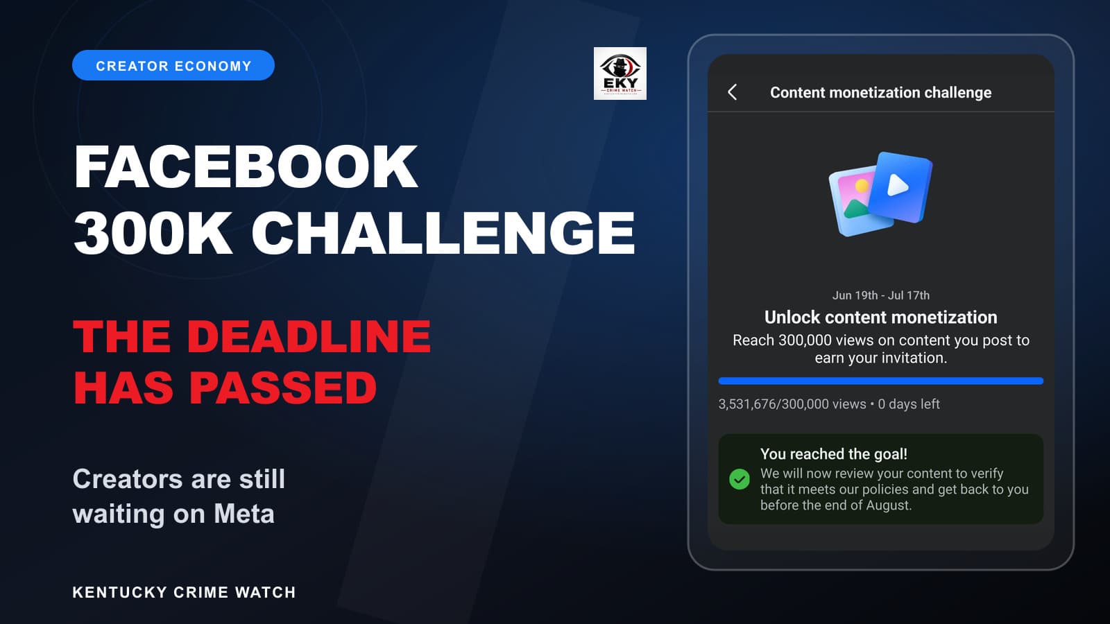 Facebook 300K Content Monetization Challenge completion screen showing Meta’s end-of-August review message