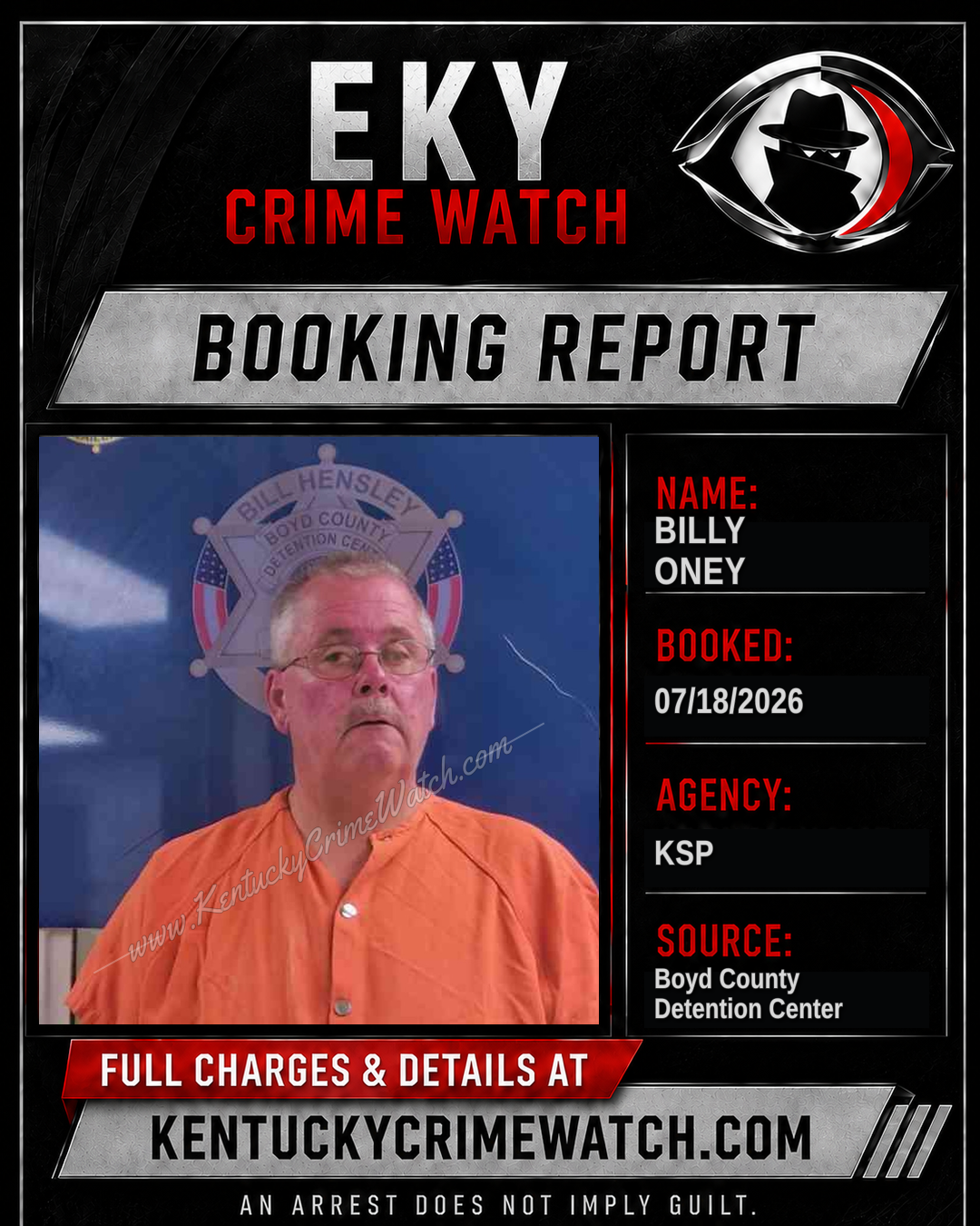 BILLY ONEY booking report card