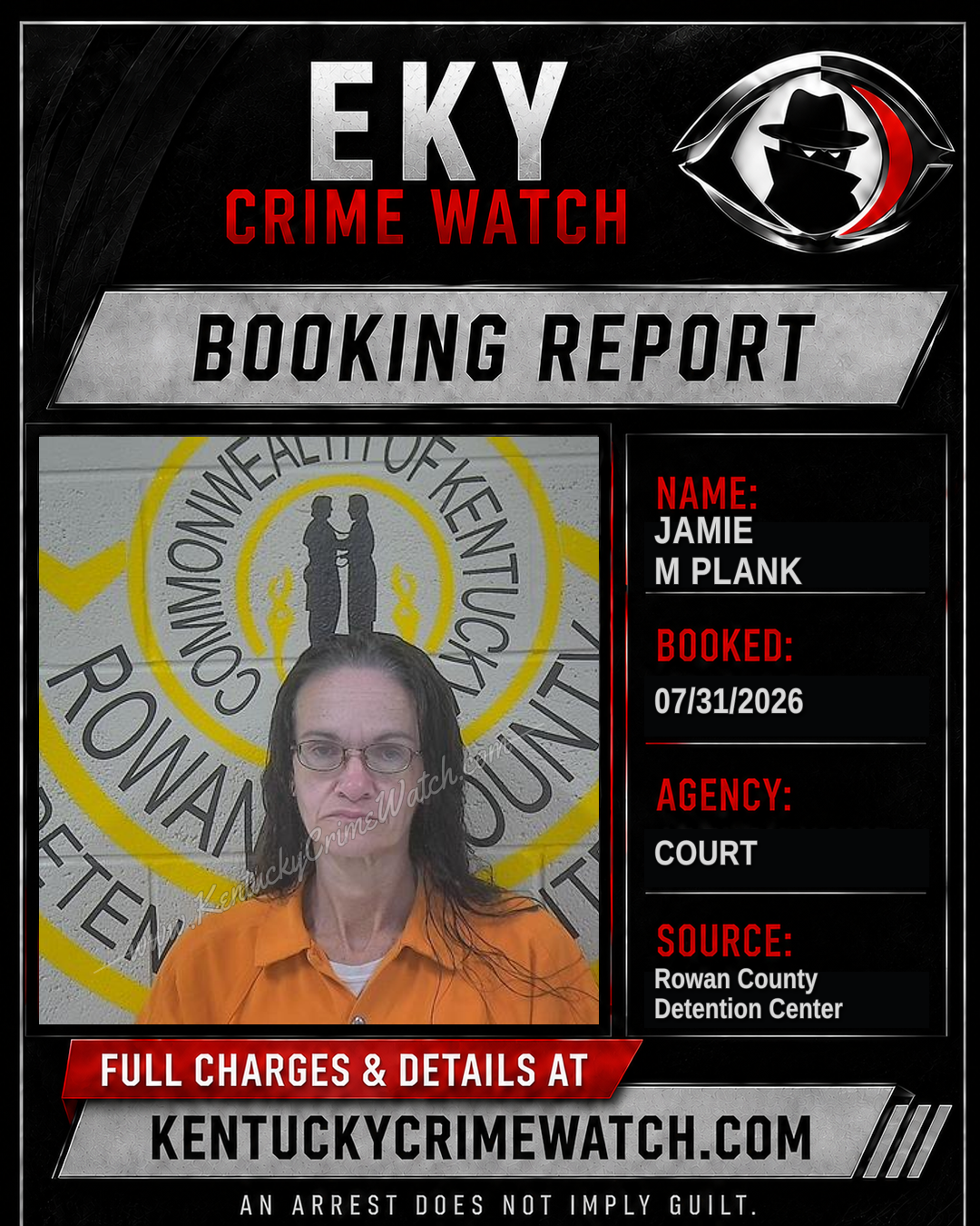 JAMIE M PLANK booking report card