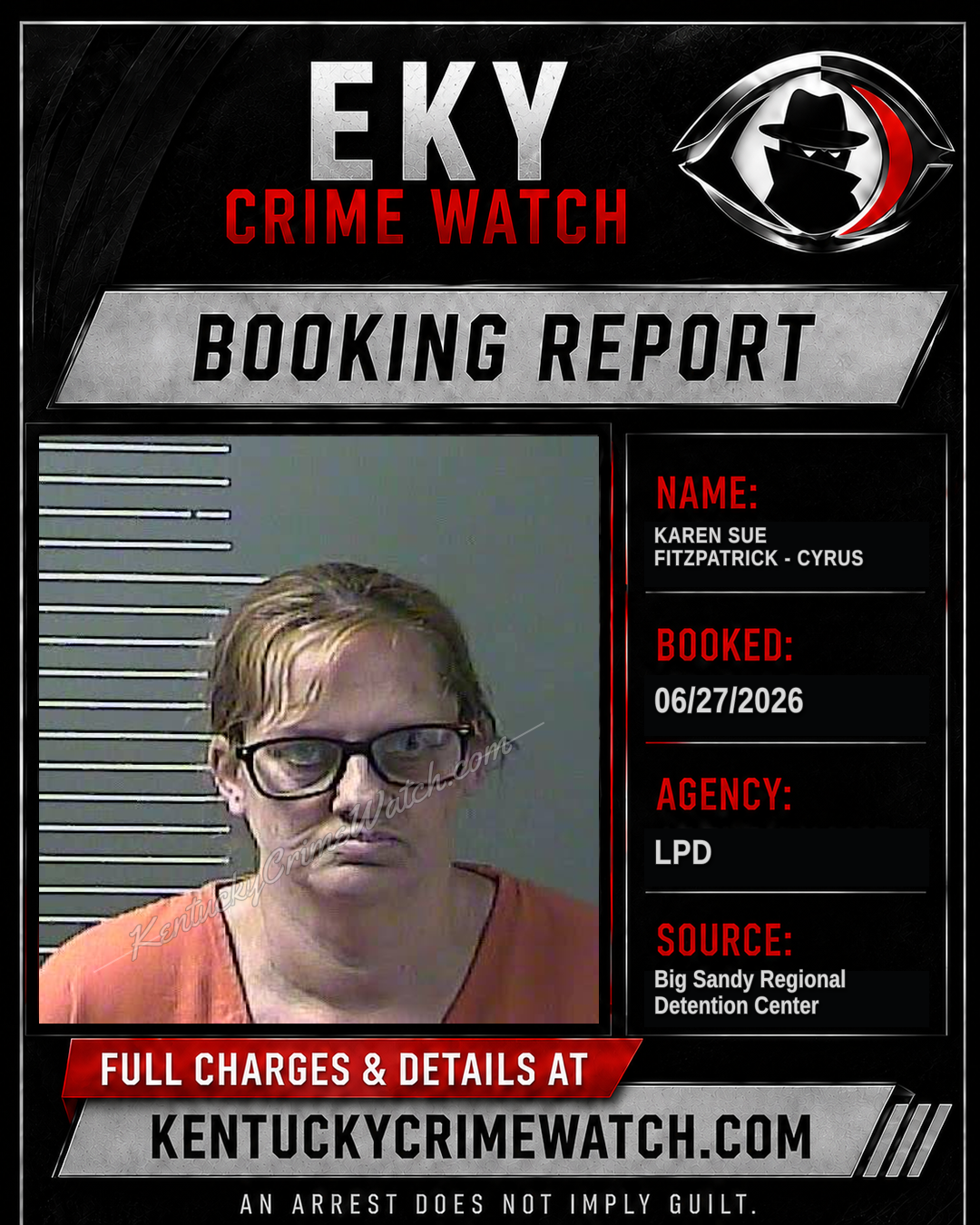 KAREN SUE FITZPATRICK - CYRUS booking report card