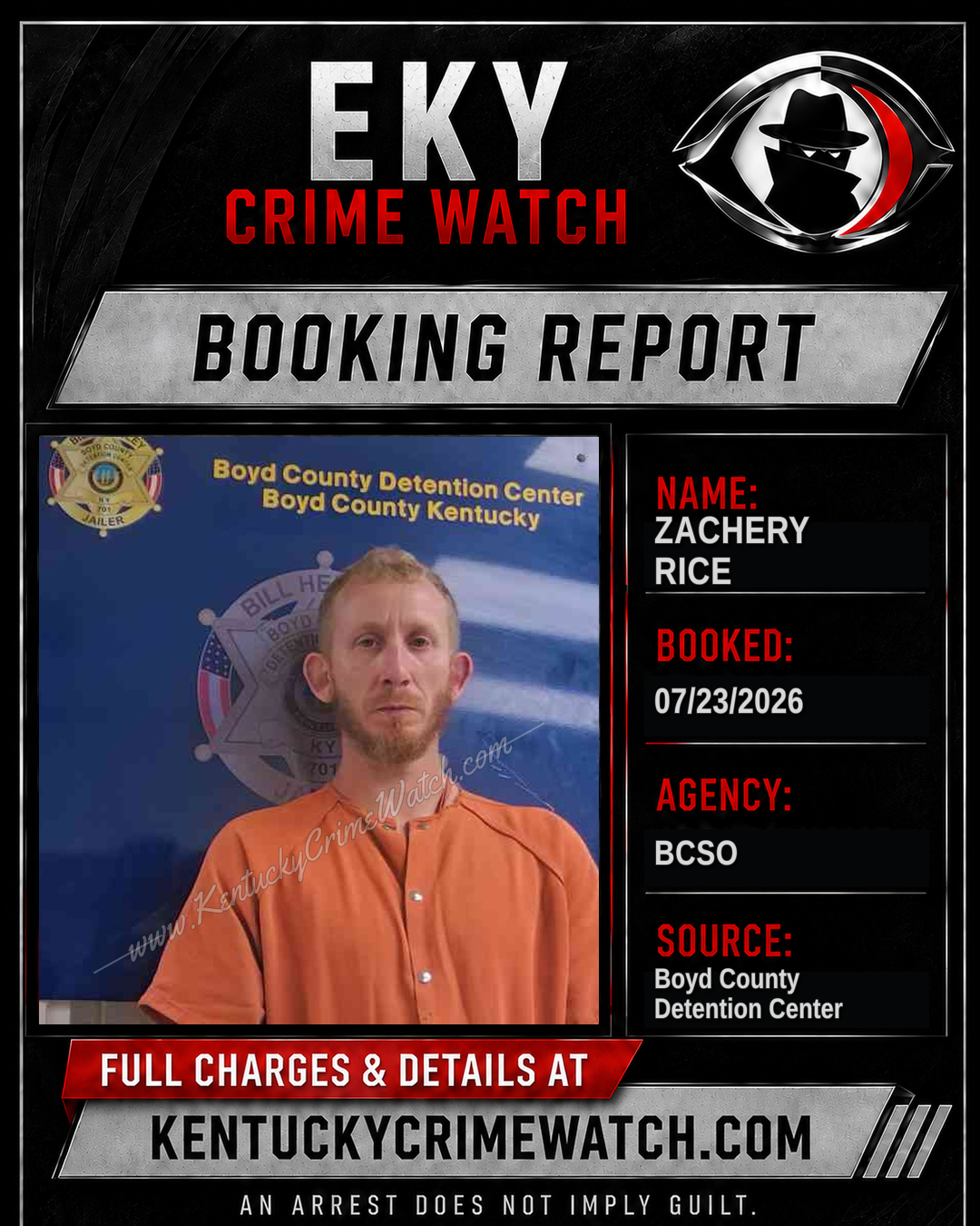 ZACHERY RICE booking report card